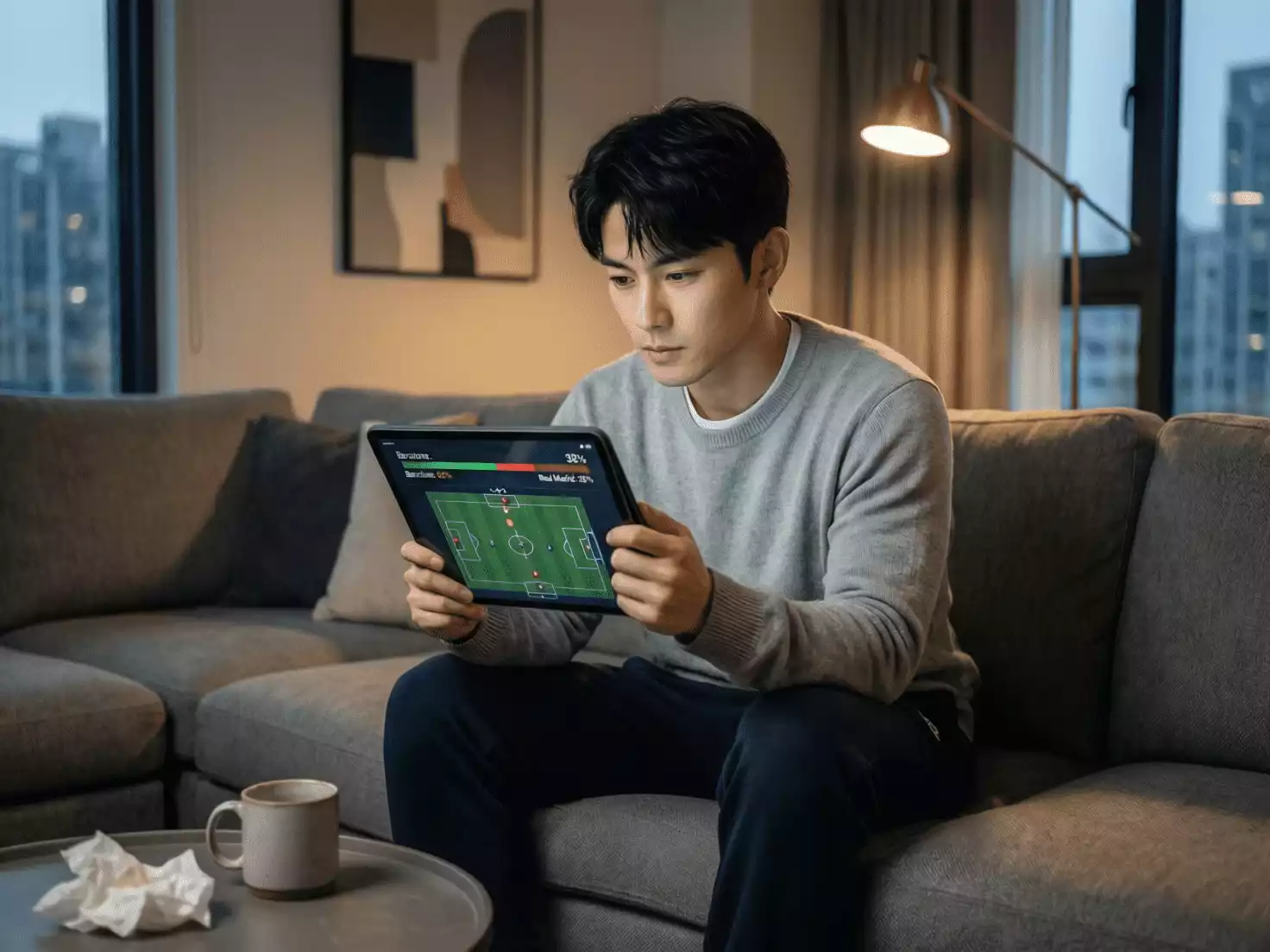 Persona analizando partidos de fútbol europeo en tablet