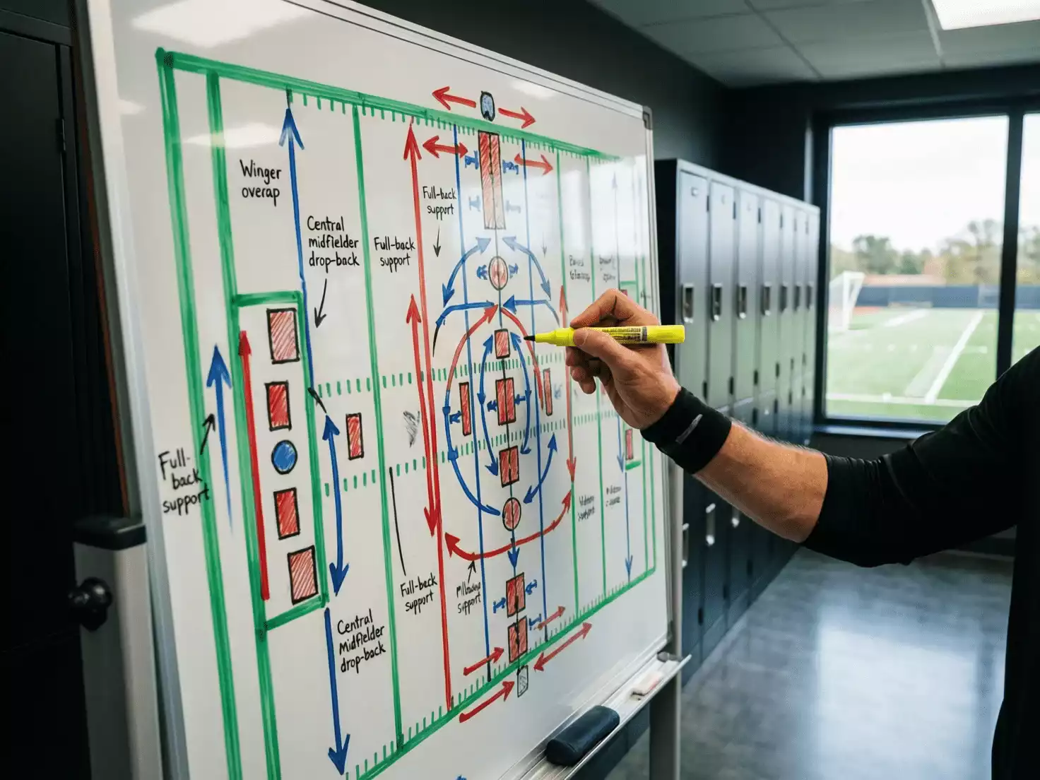 Pizarra táctica de fútbol con anotaciones de estrategia