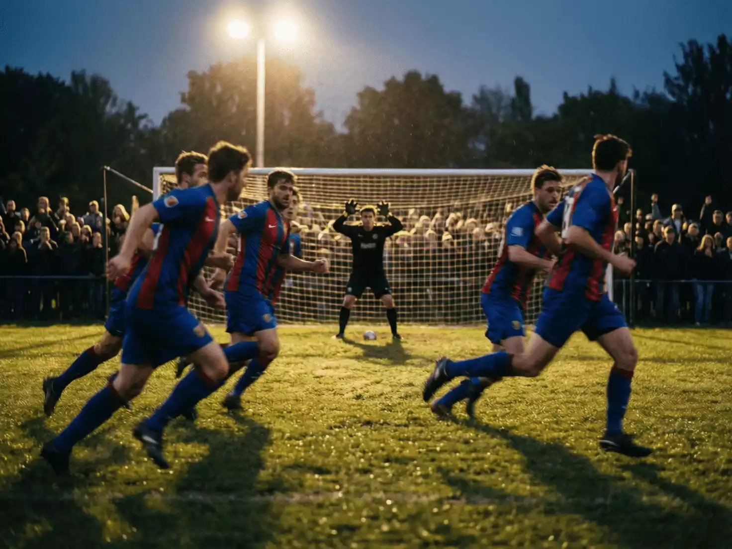 Jugadores atacando hacia la portería rival en partido de fútbol