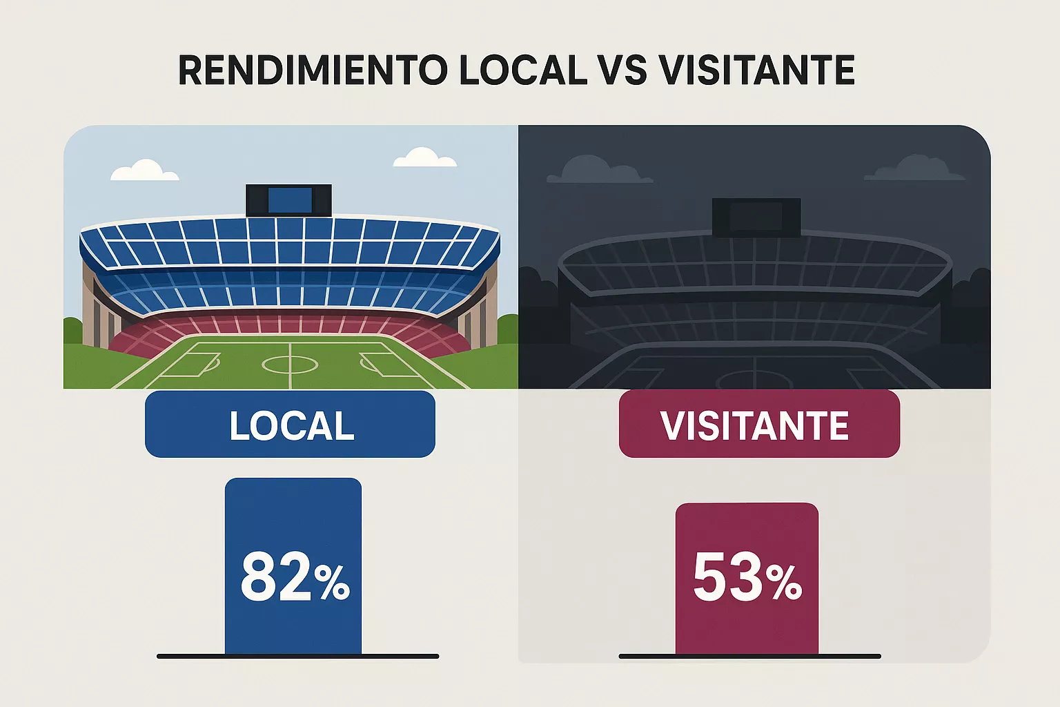 Infografía comparativa de estadísticas del Barcelona jugando como local versus visitante en Champions League