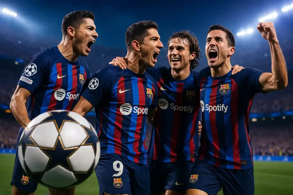 FC Barcelona celebrando victoria en Champions League con el logo UEFA de fondo