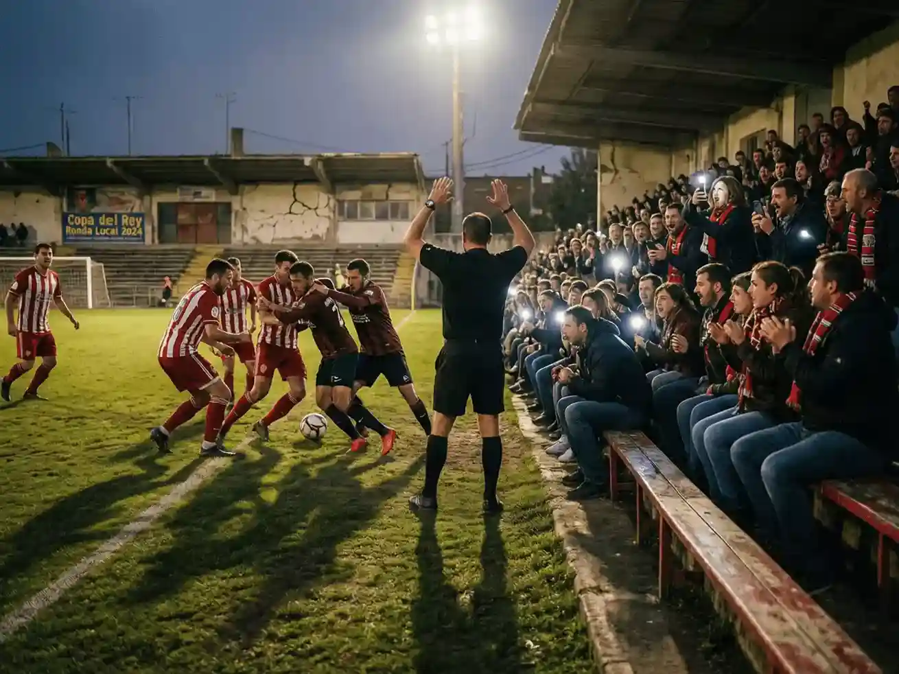 Partido de fútbol en estadio pequeño con equipo de división inferior