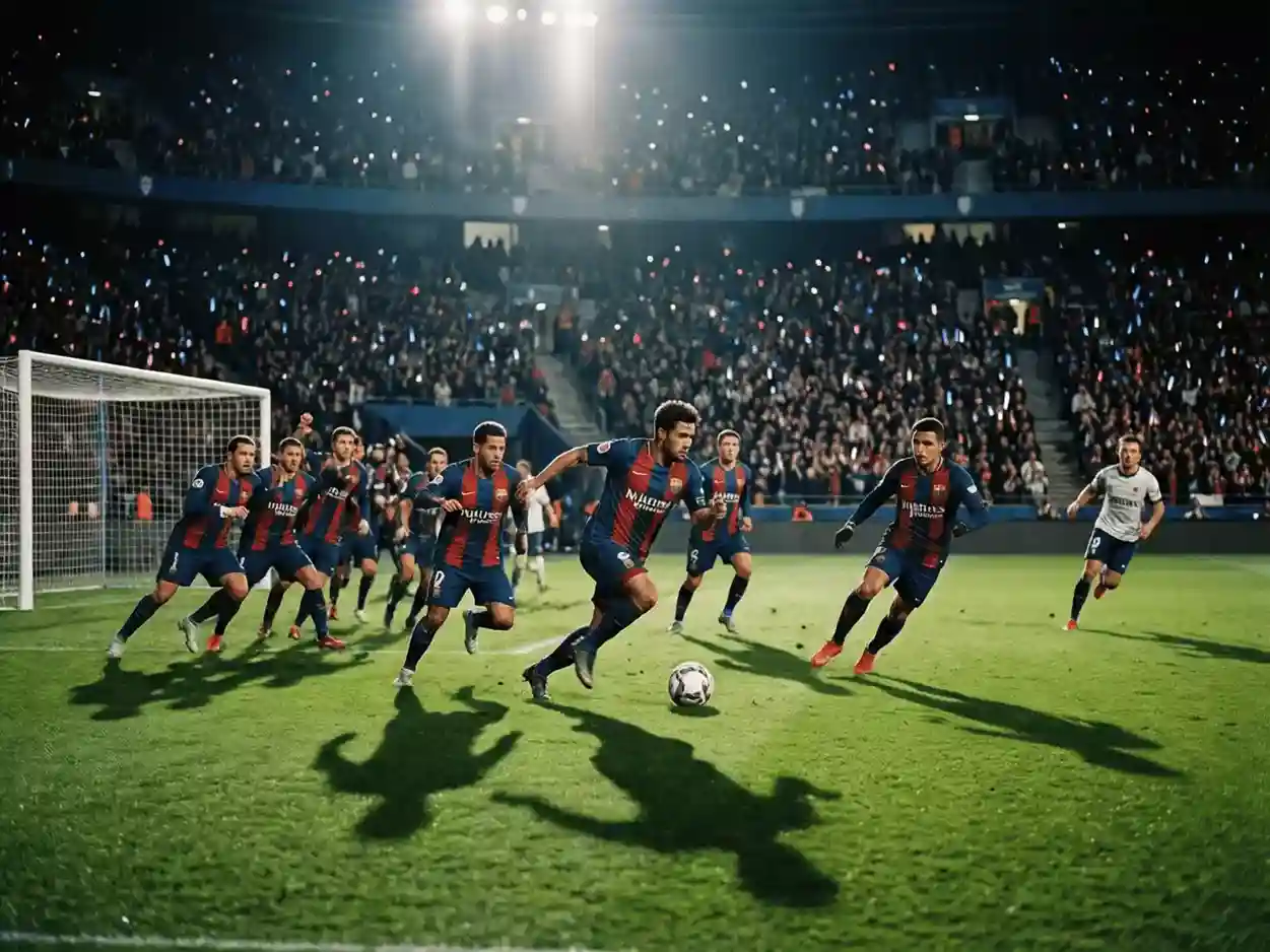 Partido de fútbol europeo en estadio con ambiente nocturno
