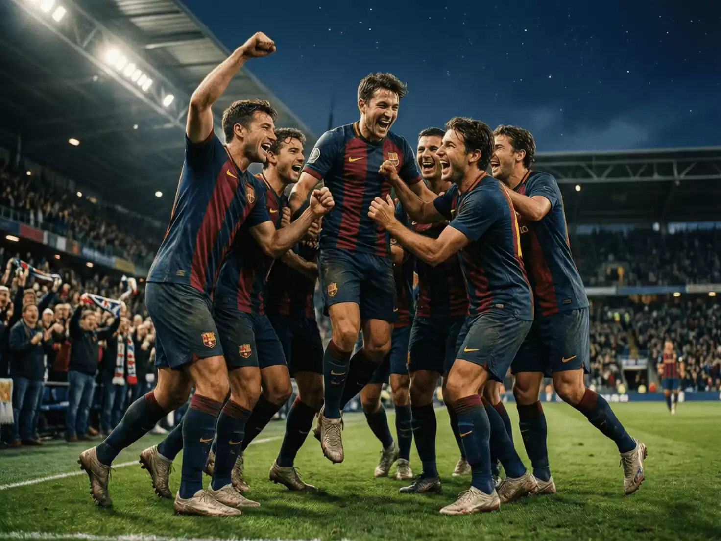 Jugadores del Barcelona celebrando un gol en estadio visitante