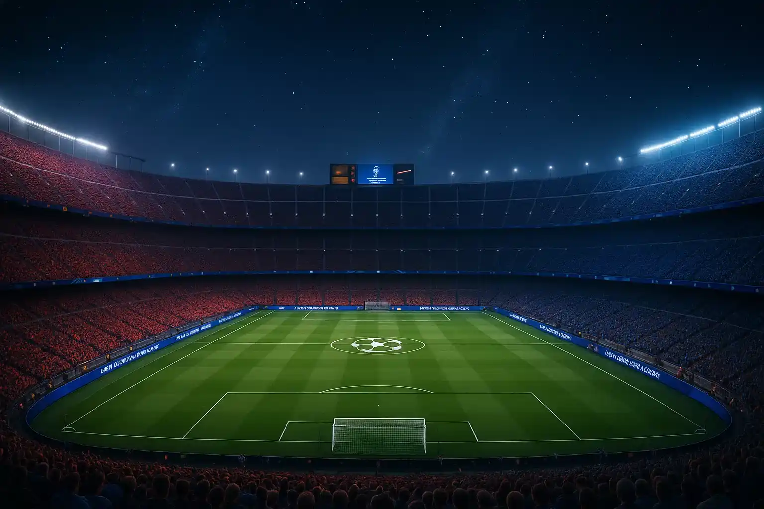 Vista panorámica del Camp Nou iluminado durante partido nocturno de Champions League con afición completa