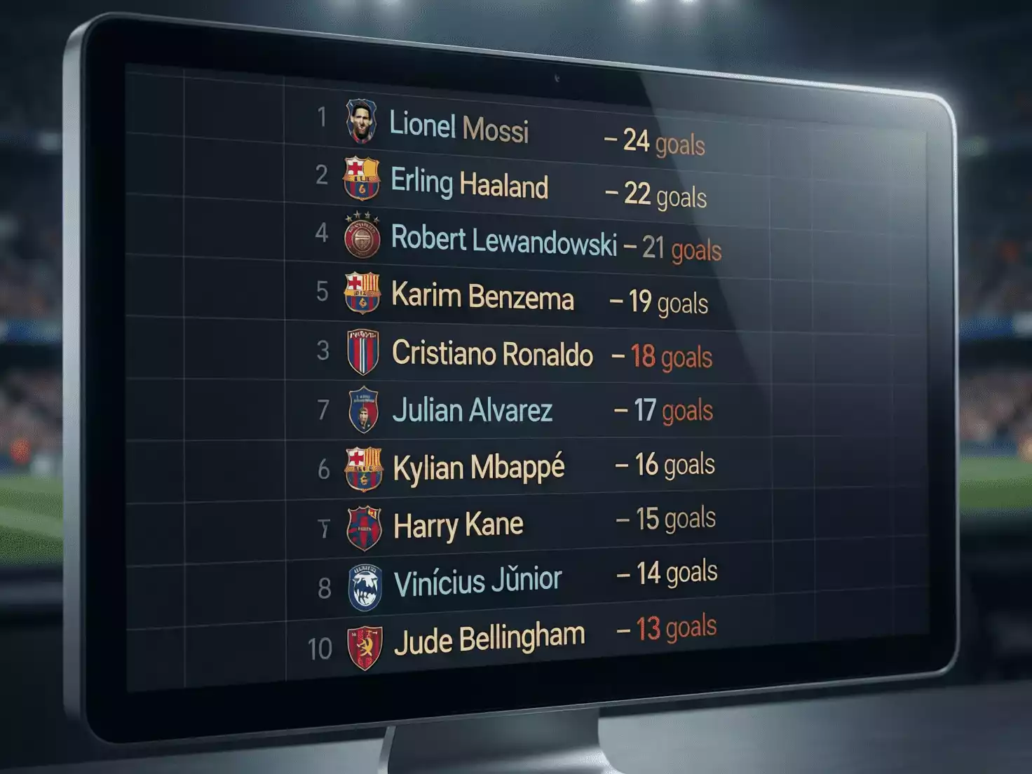 Pantalla mostrando estadísticas de goleadores de la liga