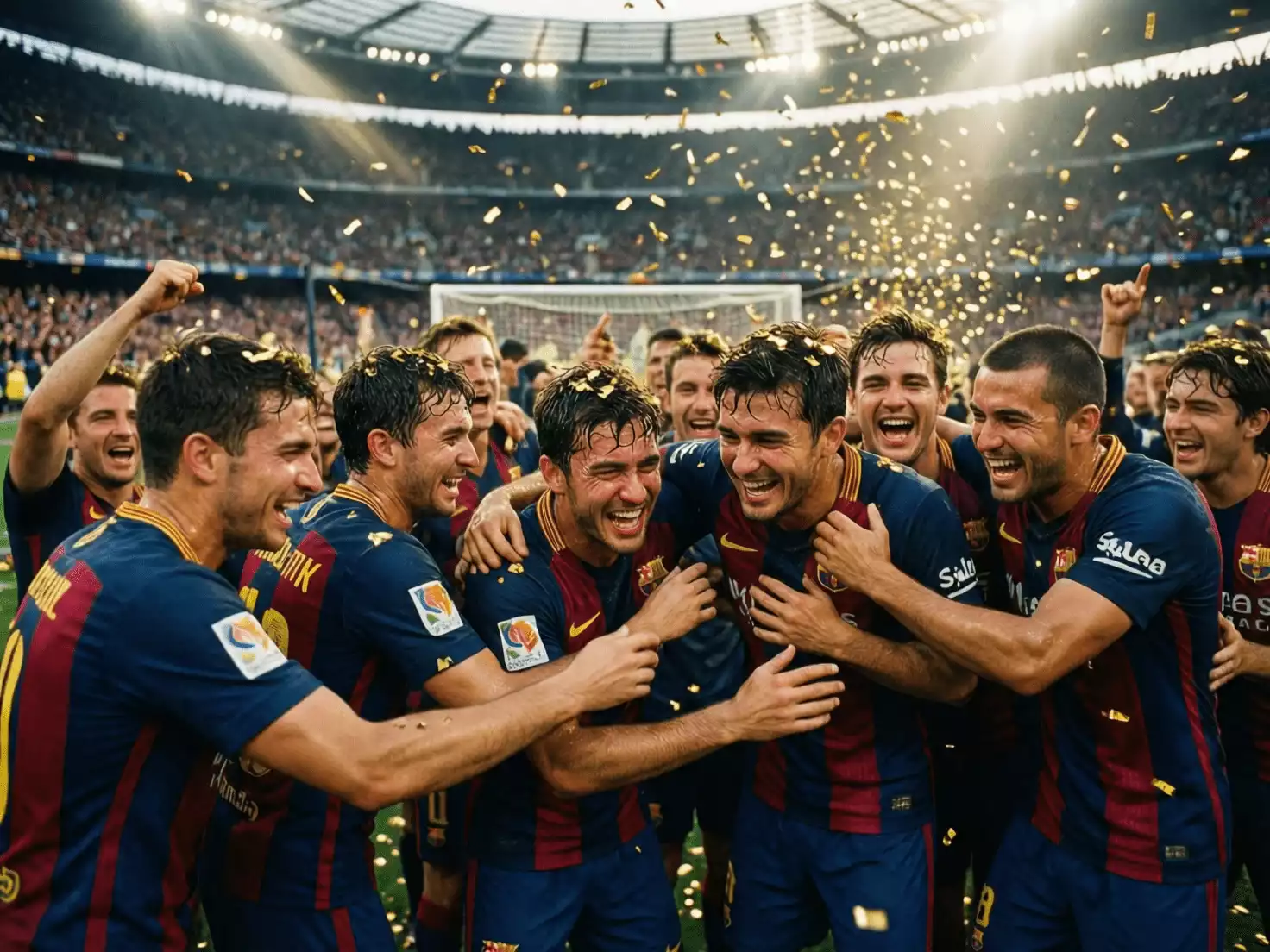 Jugadores de fútbol celebrando un título con confeti dorado