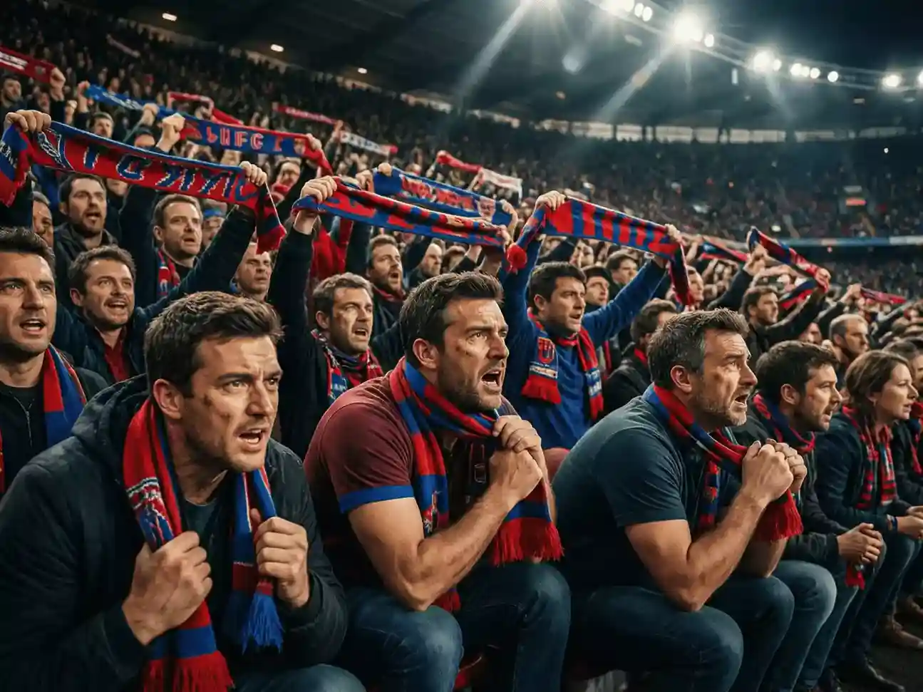Aficionados de fútbol en las gradas con bufandas de sus equipos
