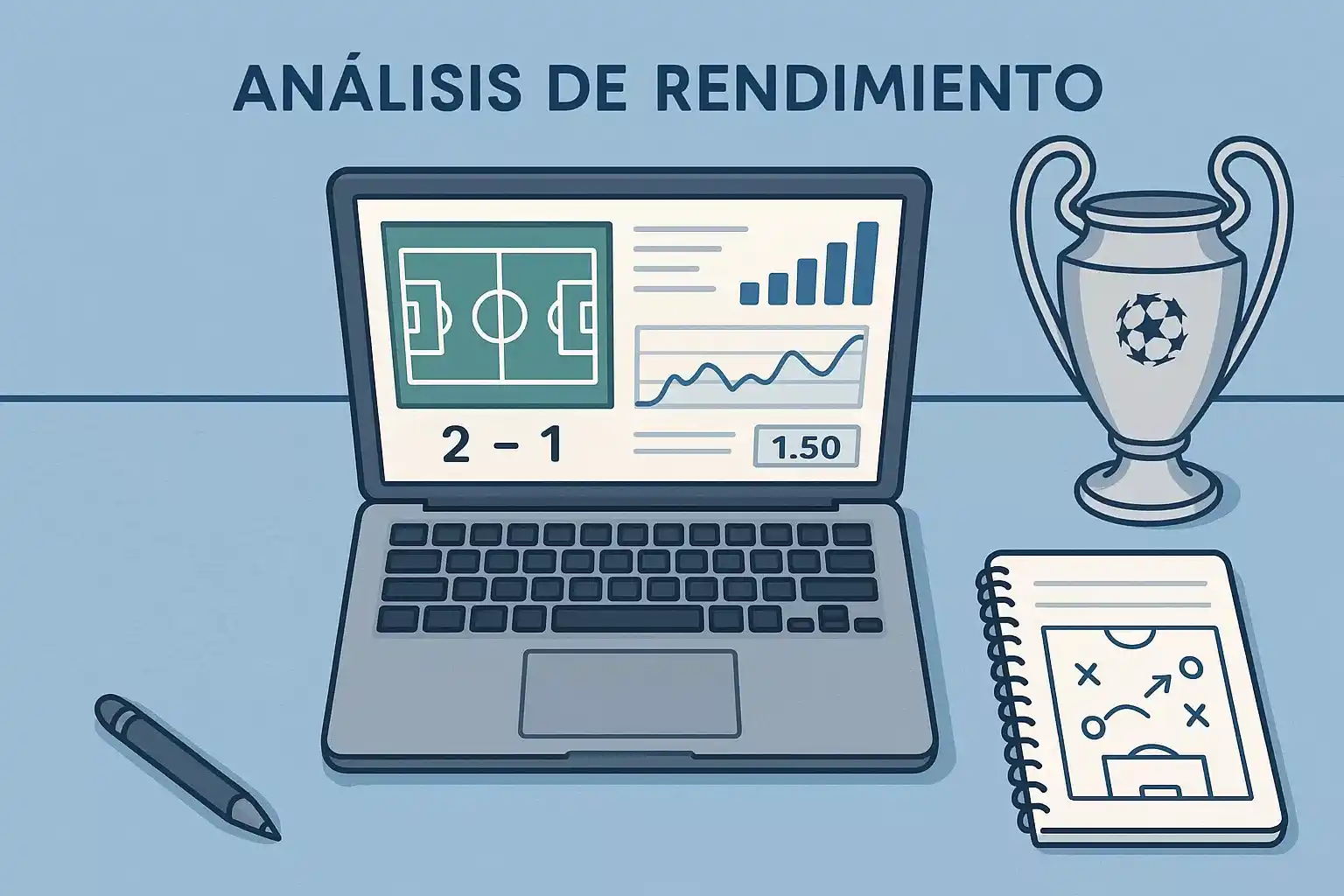 Mesa de trabajo con análisis de estadísticas de apuestas Champions League, ordenador portátil y gráficos de rendimiento