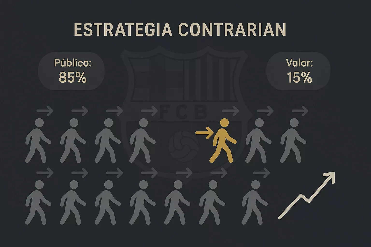 Ilustración conceptual mostrando estrategia contrarian: apostador independiente contra la multitud con análisis de valor y cuotas del Barcelona