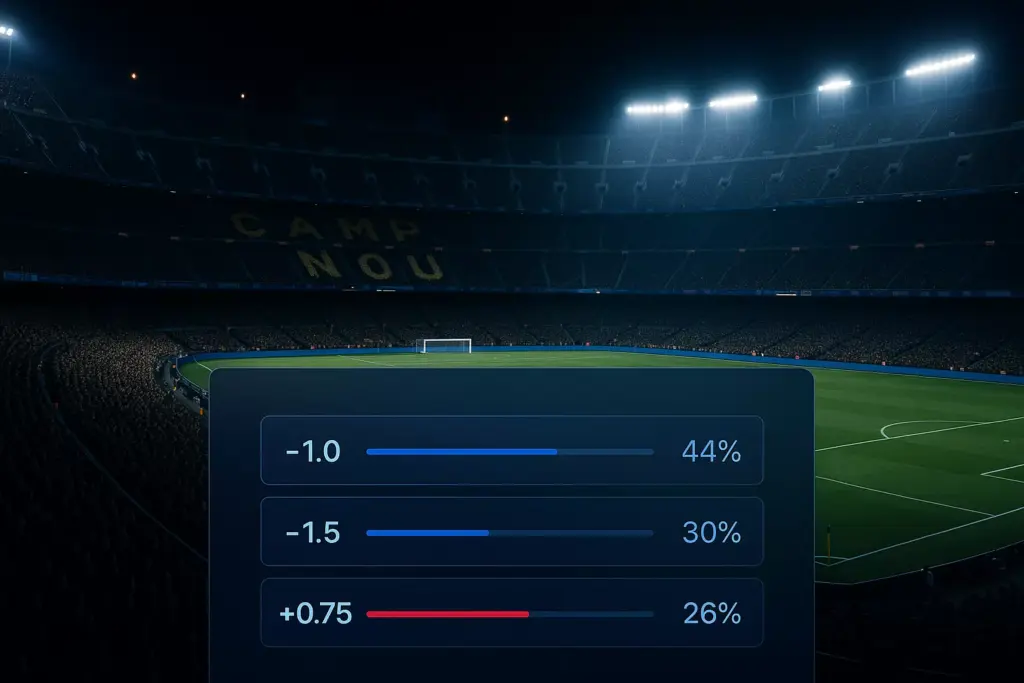 Estadio Camp Nou del Barcelona con interfaz digital de hándicap asiático y análisis de cuotas de apuestas profesionales