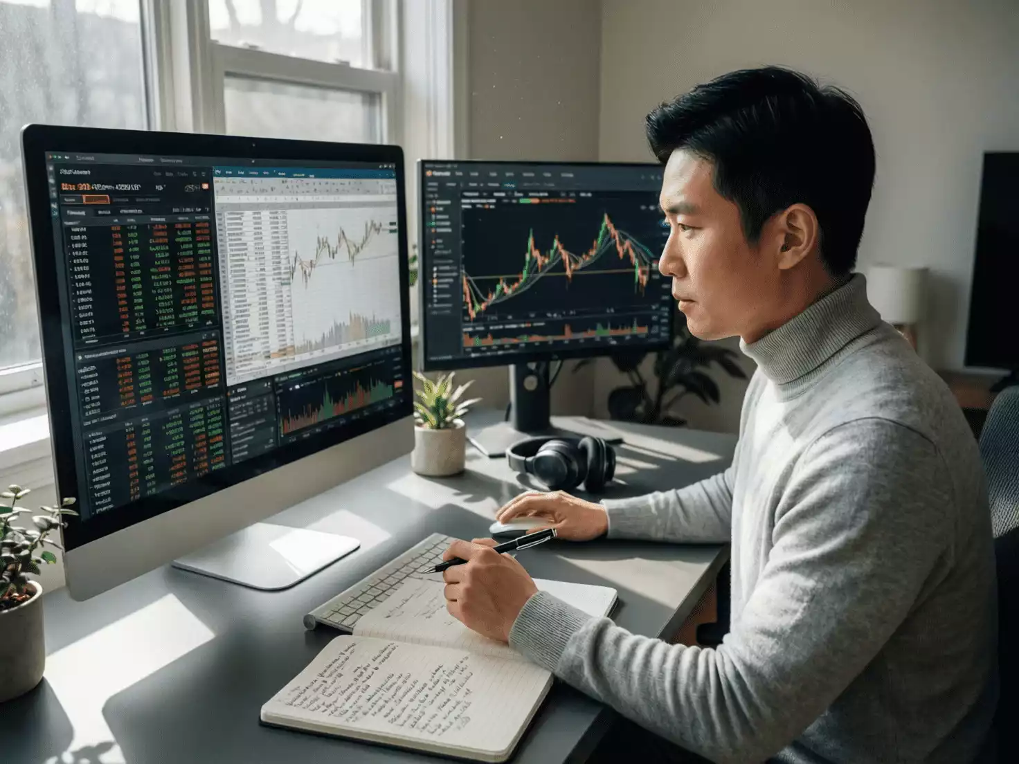 Persona analizando estrategias de trading en pantalla de ordenador