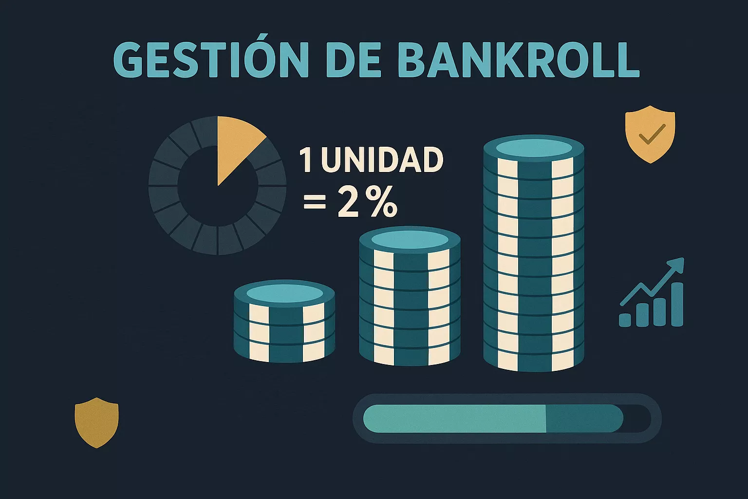 Infografía de gestión de bankroll mostrando sistema de unidades del 2%, división de apuestas y gráfico de crecimiento de capital para apuestas deportivas