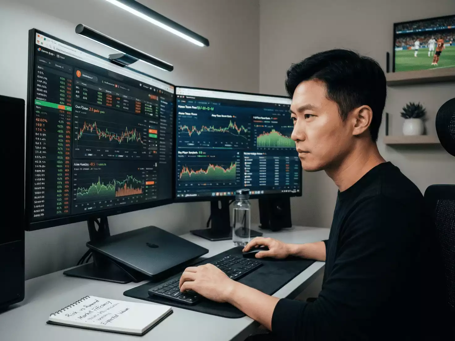 Persona analizando líneas de apuestas en pantalla de ordenador