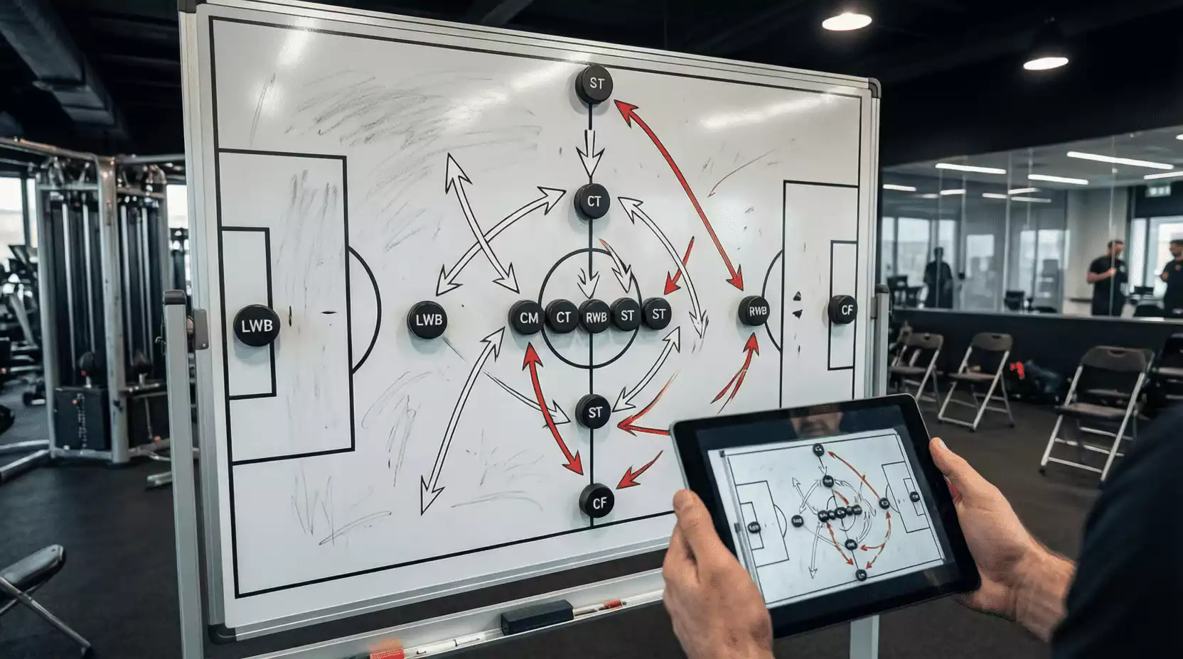 Pizarra táctica de fútbol con formación y movimientos de jugadores