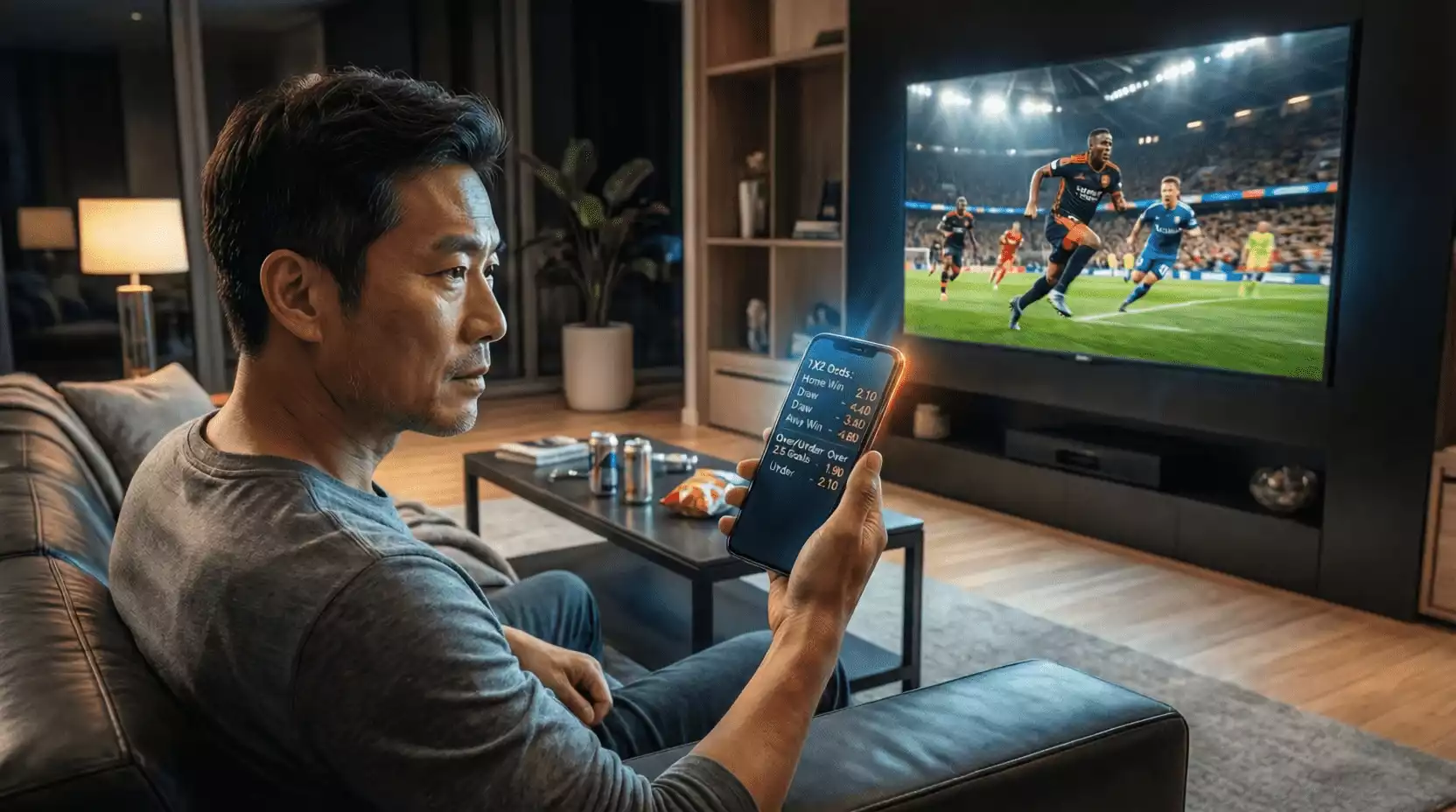 Persona viendo partido de fútbol en directo mientras consulta cuotas en móvil
