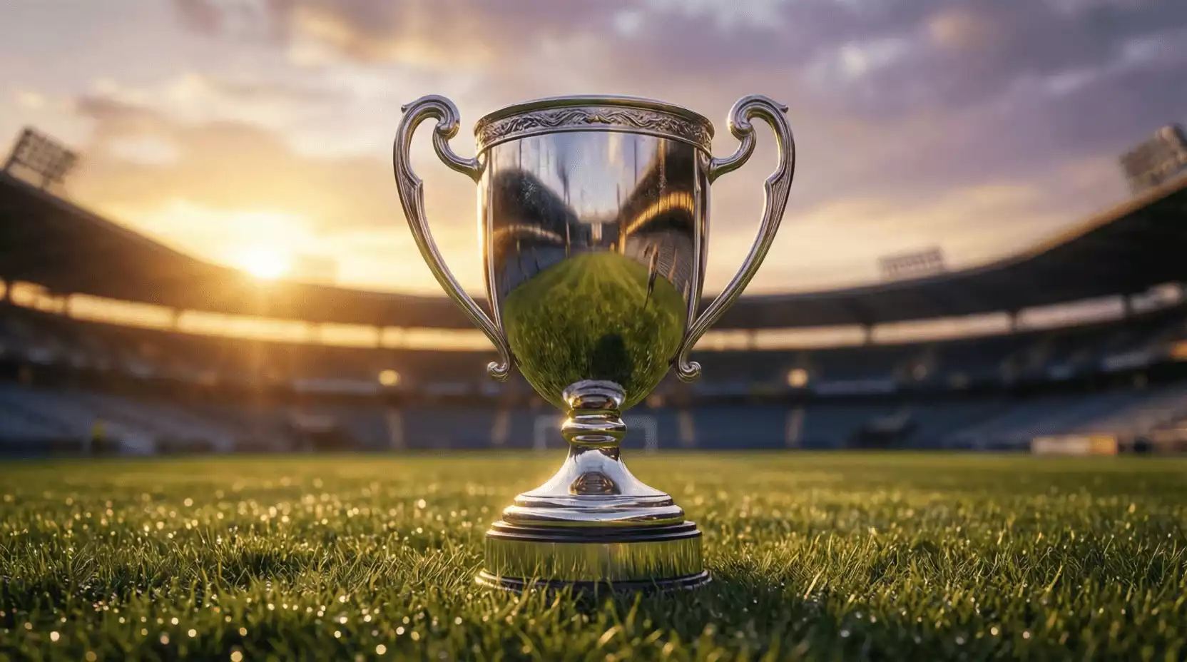 Trofeo de la Copa del Rey sobre césped de estadio de fútbol