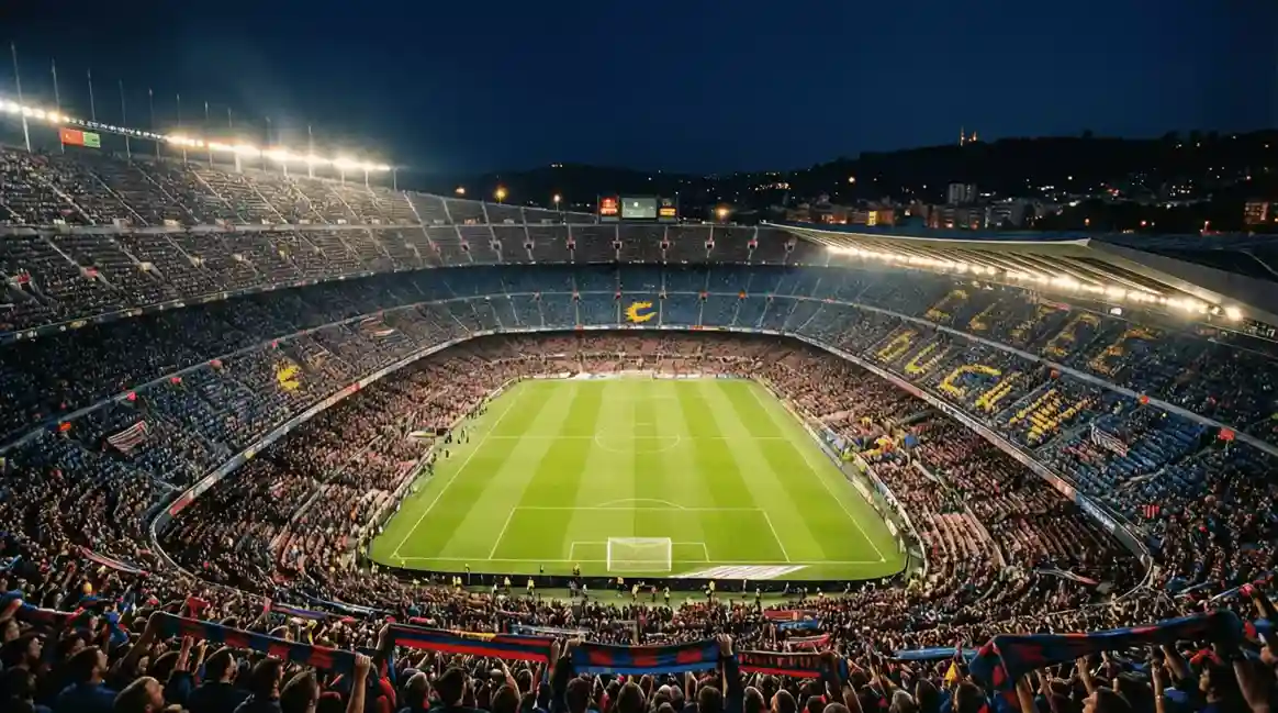 Estadio Camp Nou iluminado en noche de partido de LaLiga