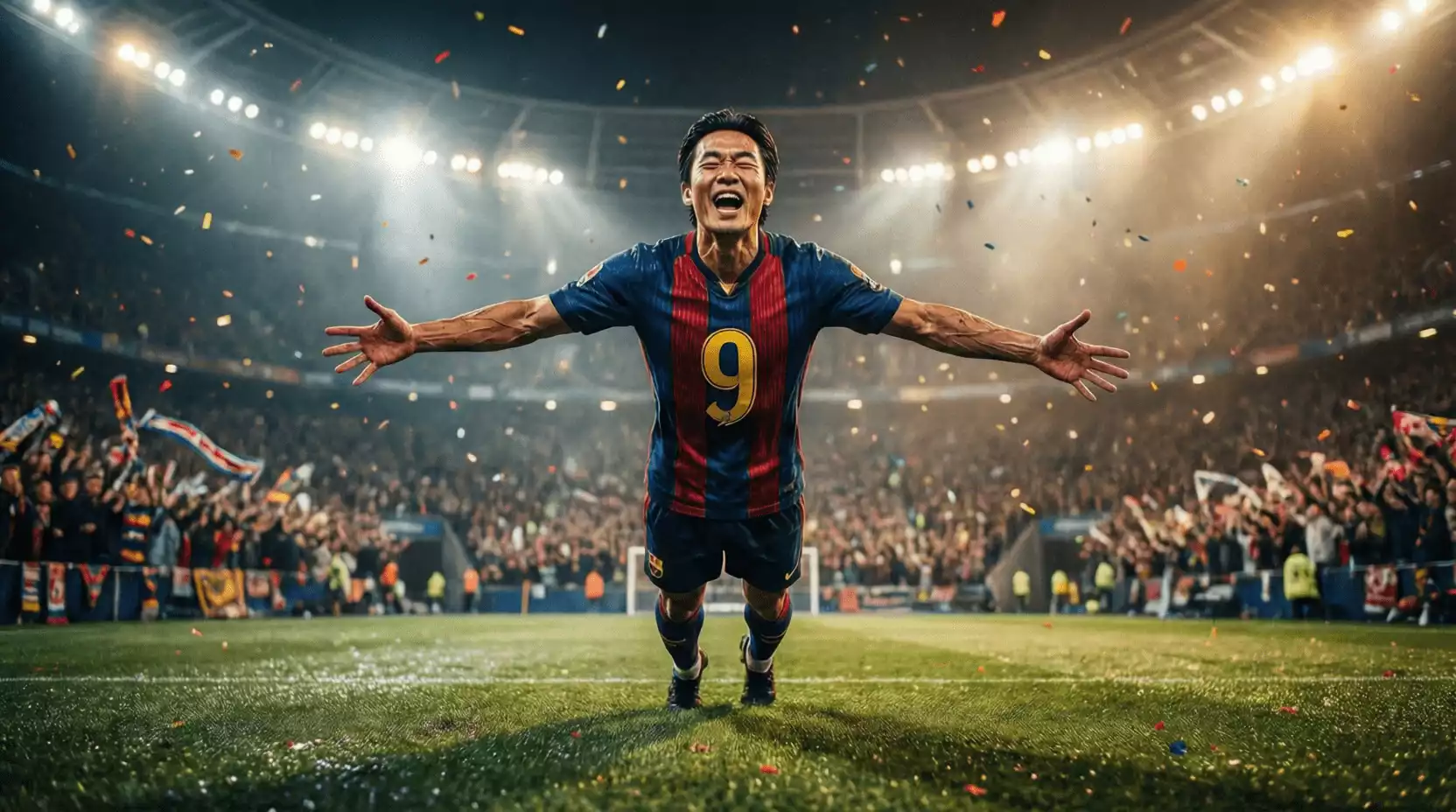 Delantero celebrando un gol con los brazos abiertos en el estadio