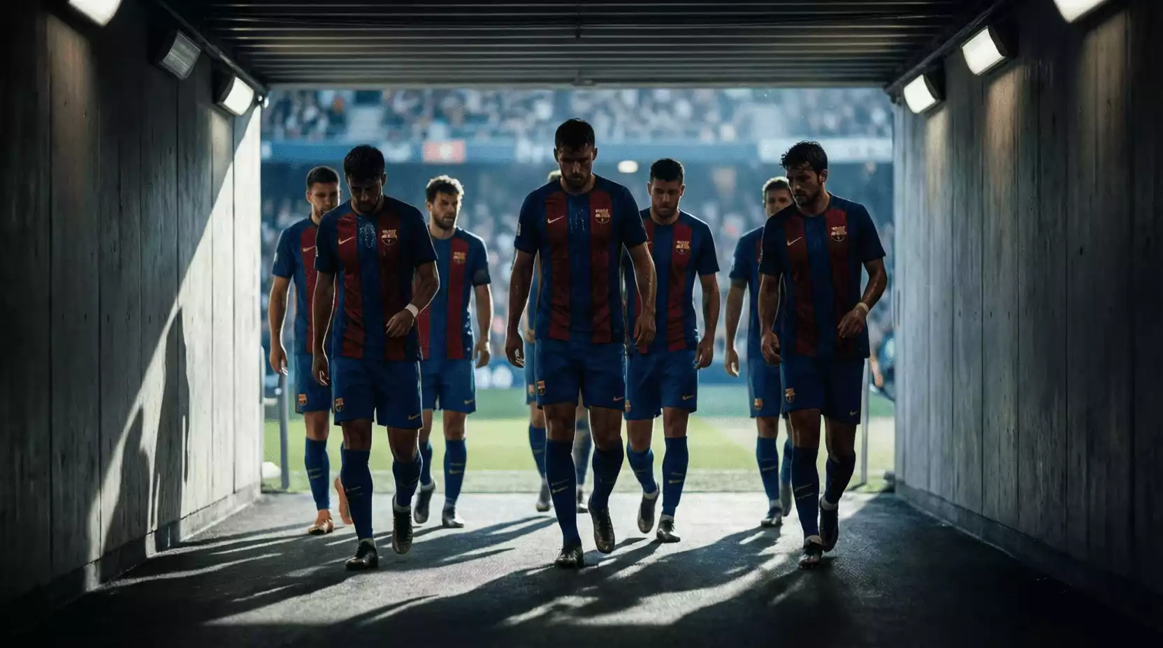 Jugadores de fútbol entrando al túnel de vestuarios en el descanso