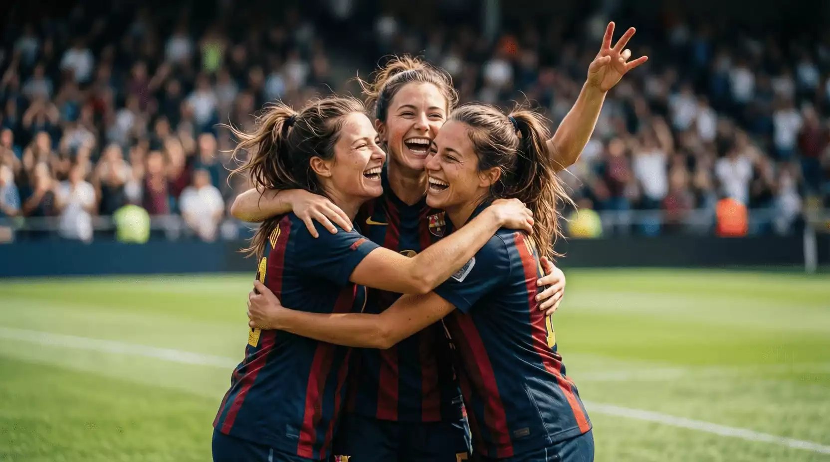 Jugadoras del Barcelona Femenino celebrando un gol en el campo