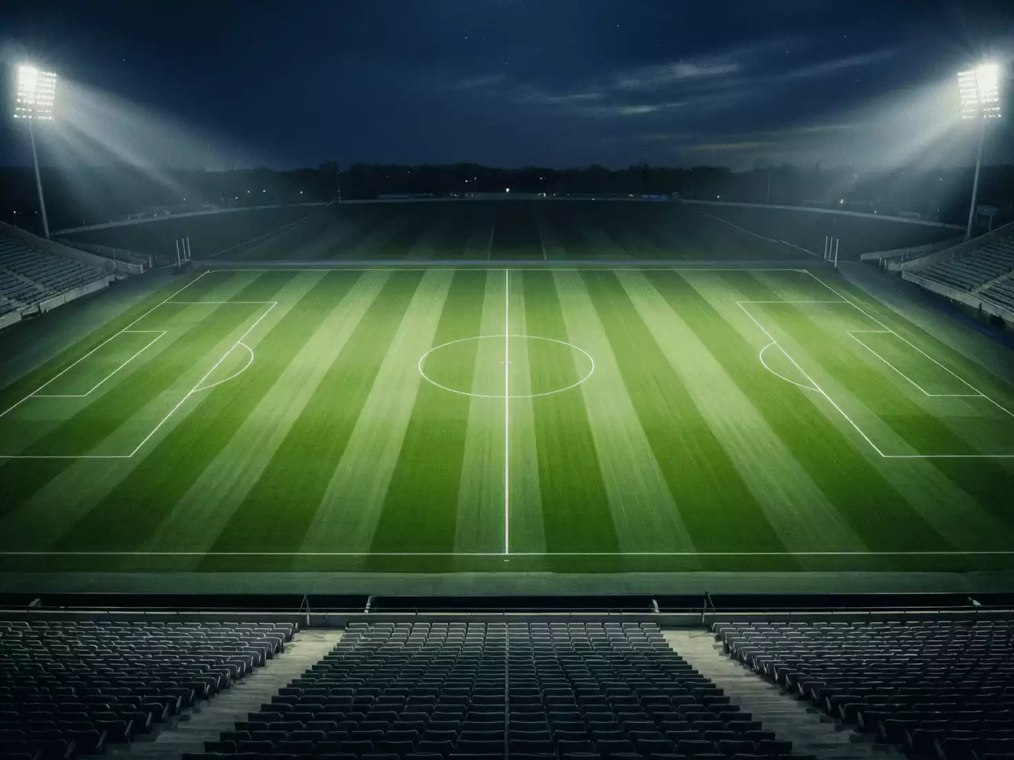 Vista del césped del Camp Nou desde las gradas con el campo iluminado