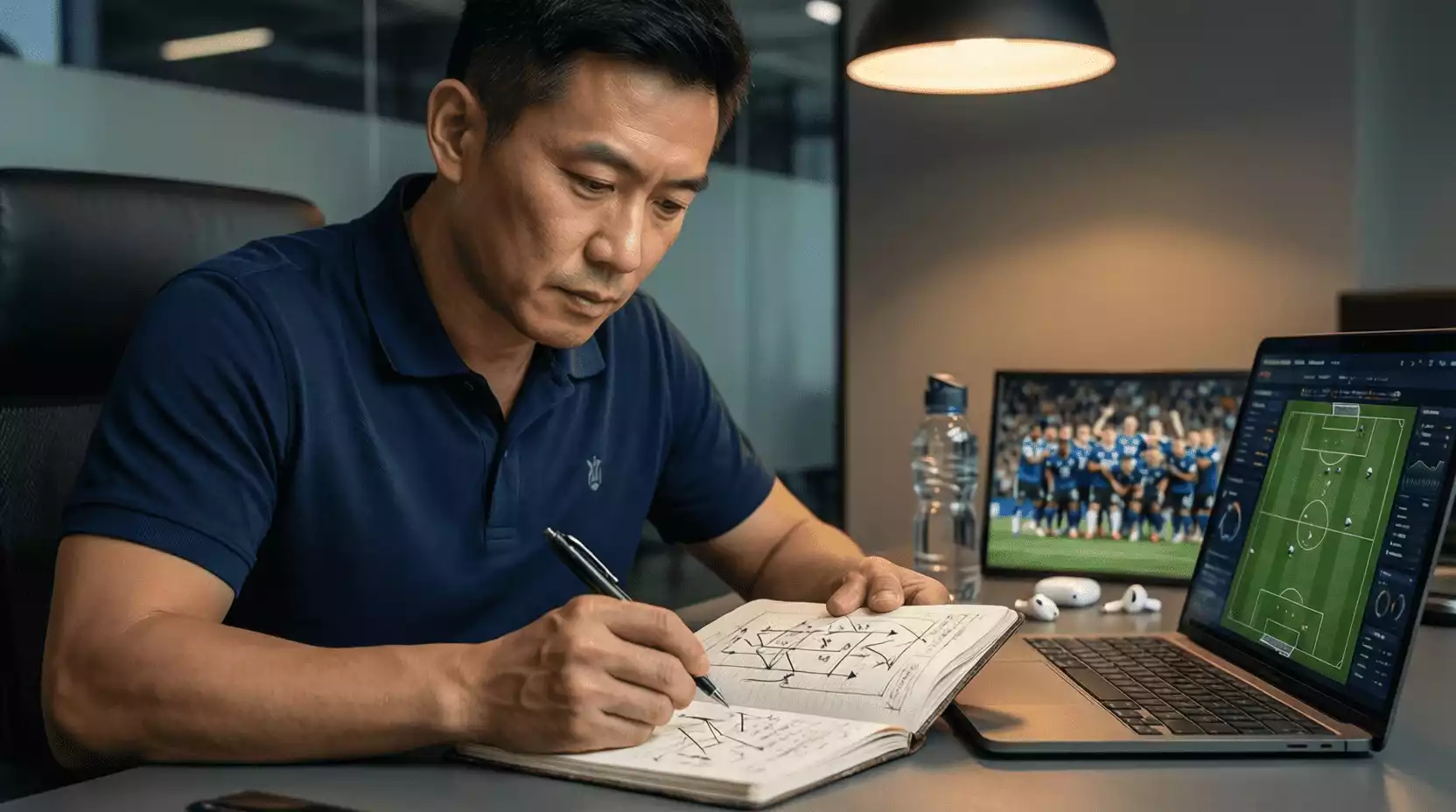 Entrenador revisando planificación táctica en un bloc de notas