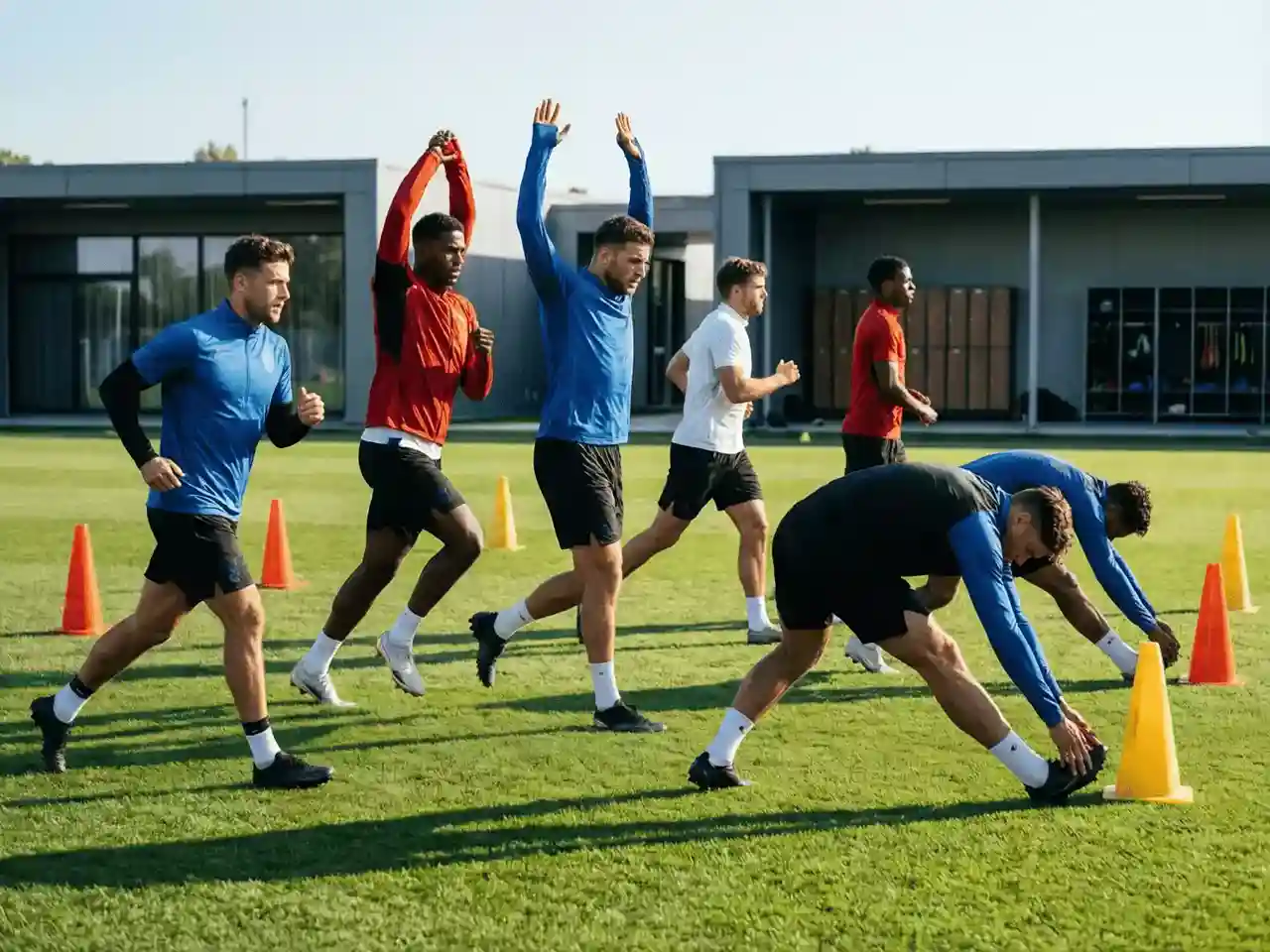 Jugadores de fútbol entrenando en el campo de césped