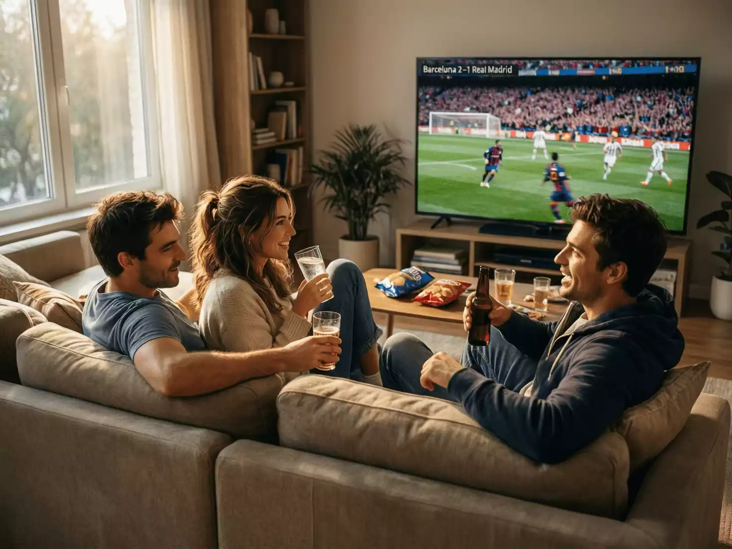 Grupo de amigos viendo un partido de fútbol juntos en un ambiente relajado