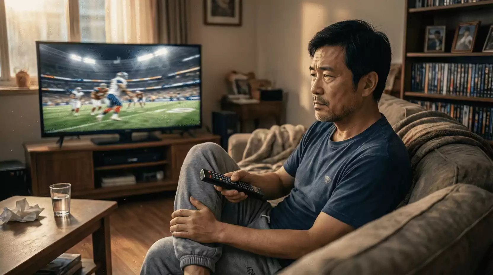 Aficionado del fútbol viendo un partido con expresión reflexiva