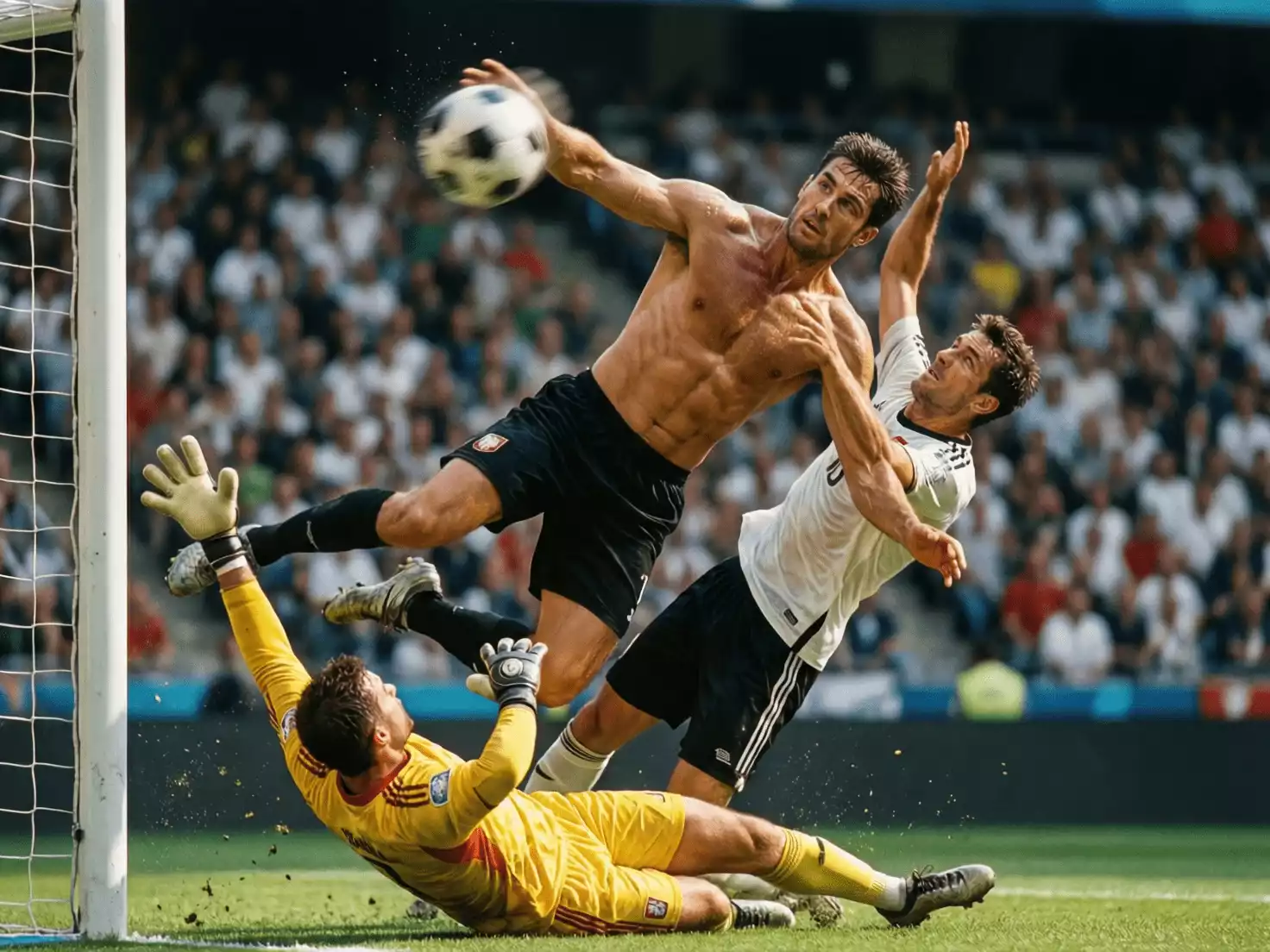 Jugador rematando de cabeza en el área durante partido