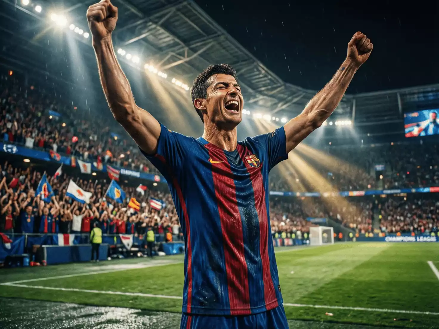 Celebración de gol en partido nocturno de competición europea