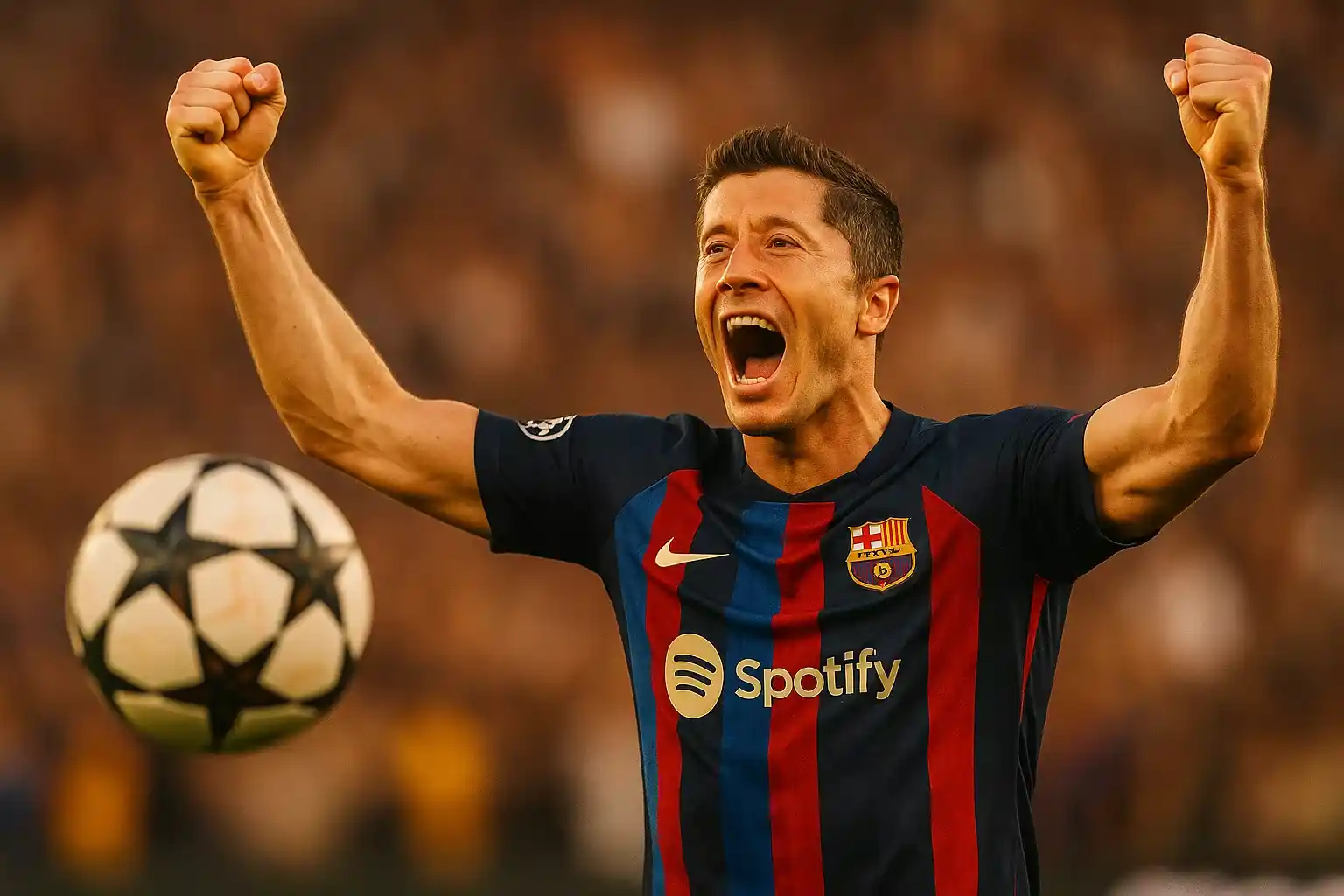 Delantero del Barcelona celebrando gol en Champions League con pelota UEFA y público emocionado