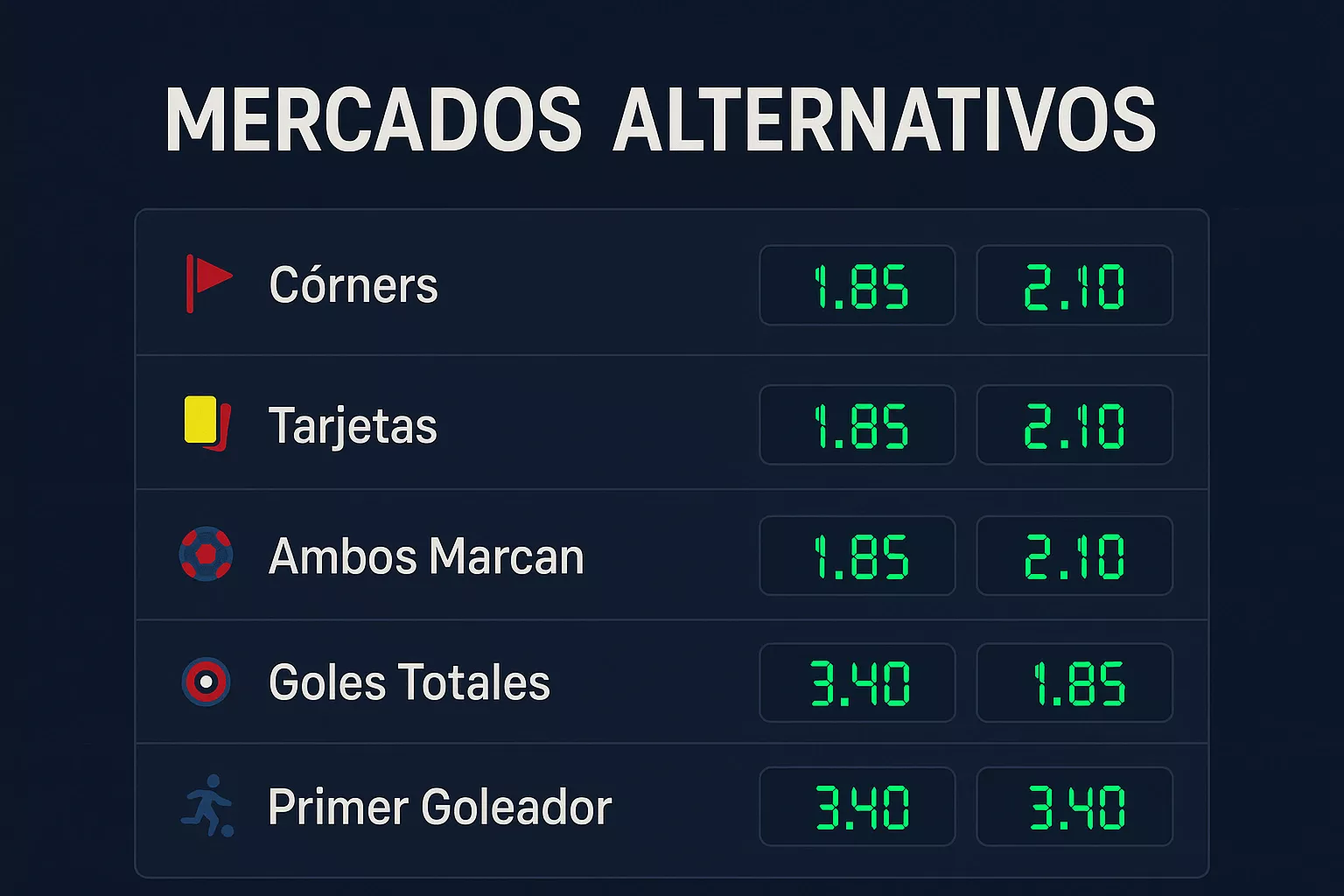 Panel digital mostrando mercados alternativos de apuestas: córners, tarjetas, ambos equipos marcan y total de goles para partidos del Barcelona