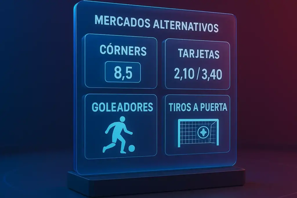 Mercados alternativos de apuestas del Barcelona - Dashboard digital con estadísticas de corners, tarjetas y goleadores