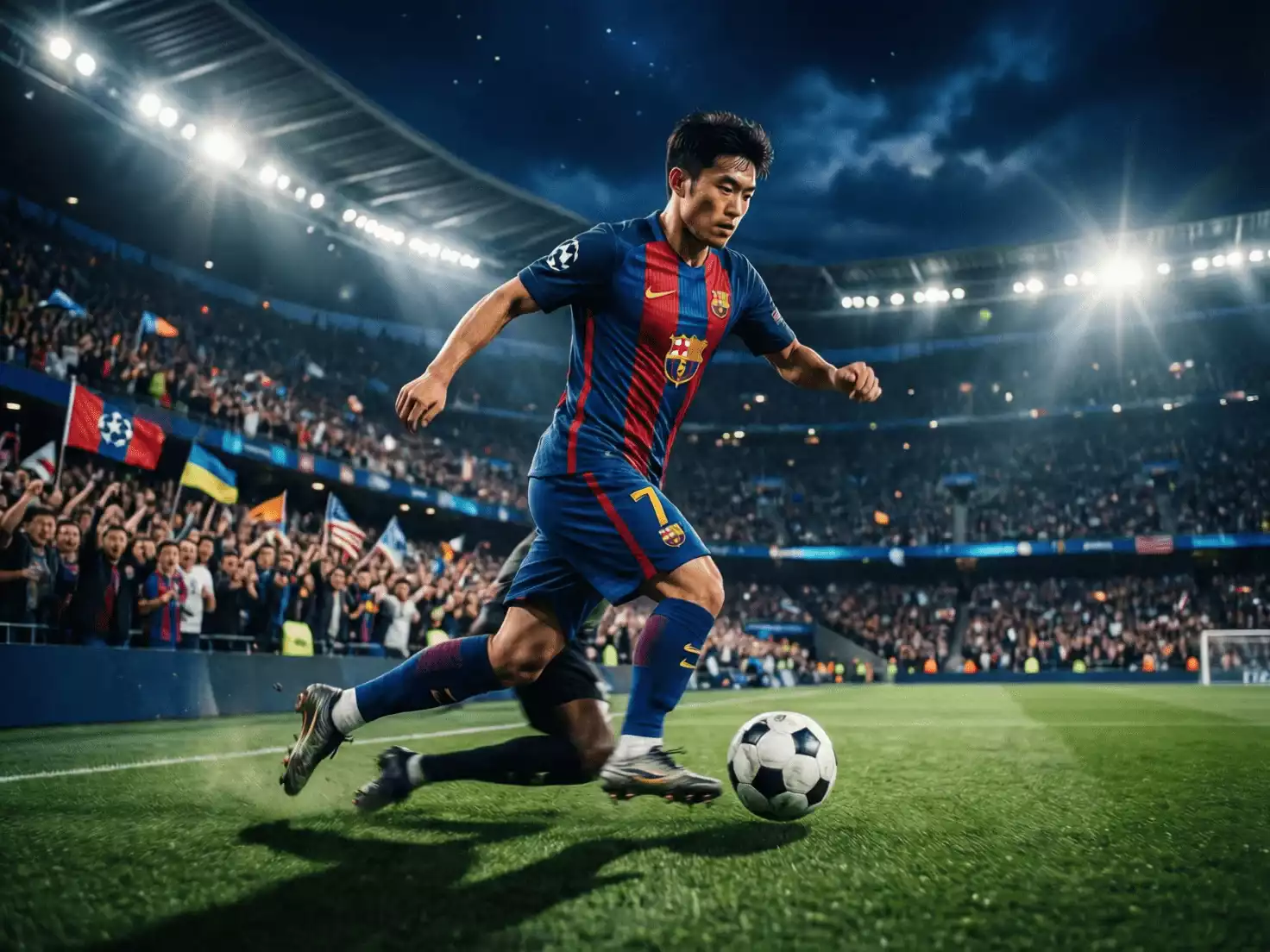 Jugador en acción durante partido de Champions League nocturno