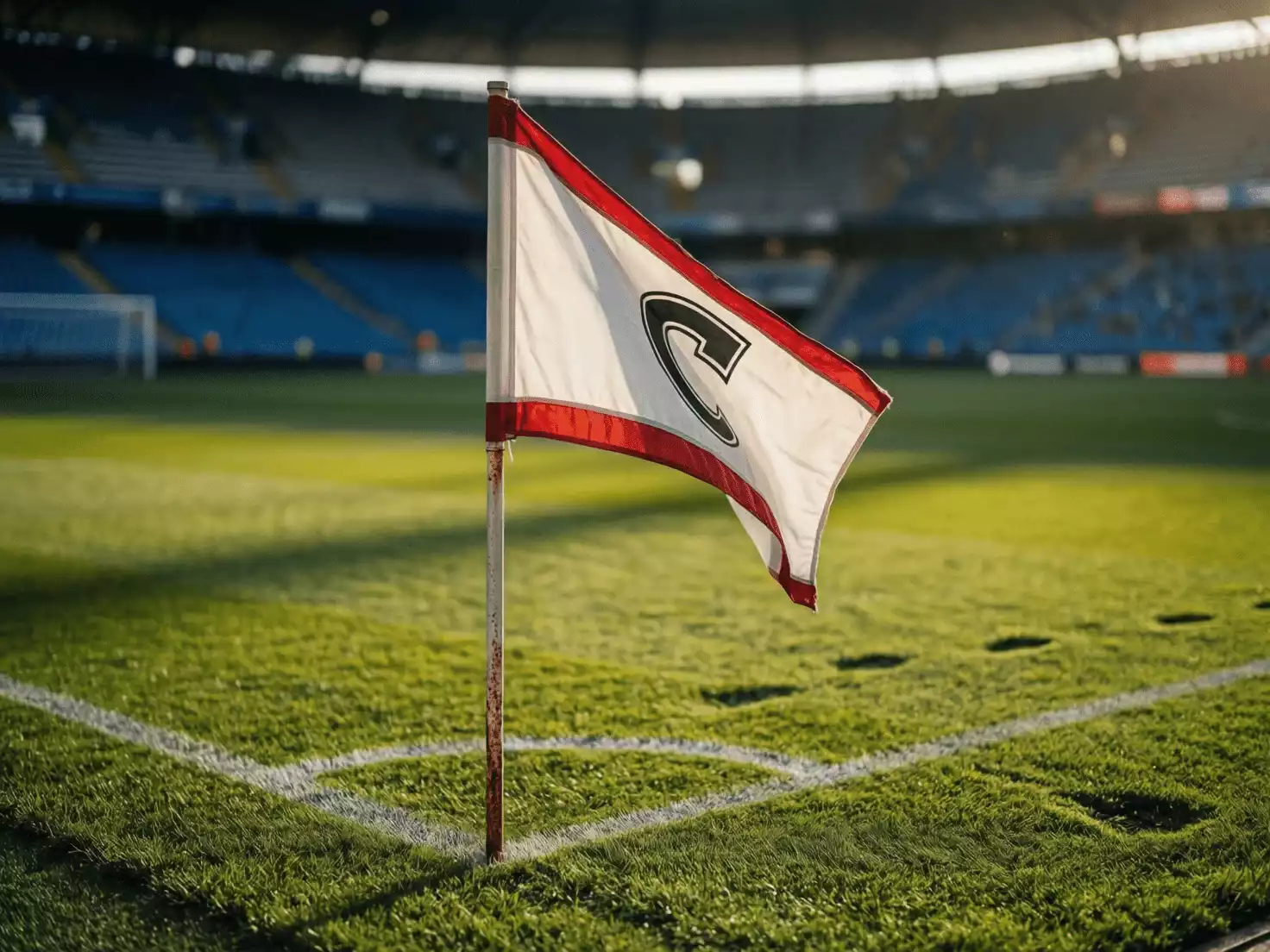 Banderín de córner en estadio de fútbol profesional